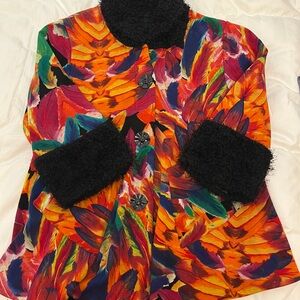 Vintage SWING COAT JACKET Faux Fur Trim FABULOUS Colorful Rainbow  Designer